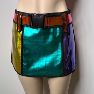 Iridescent Teal Panel Mini Skirt with Multi-Color Accents